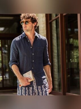 NEW Portuguese Flannel mens L Large navy blue 100% linen button up shirt NWT